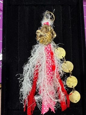 Gold Floral Tassel Keychain with Red and White Fringe